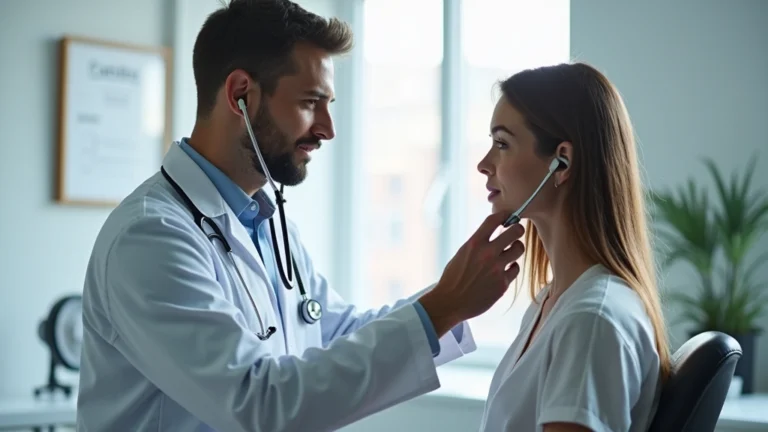 Doctor conducting physical examination on patient in modern clinic with stethoscope, professional medical setting, natural lighting