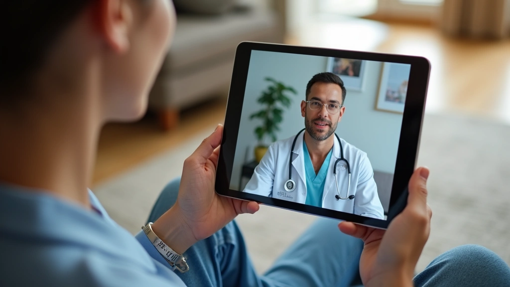 Patient consulting with healthcare provider via video call on tablet at home, comfortable living room background, telehealth 