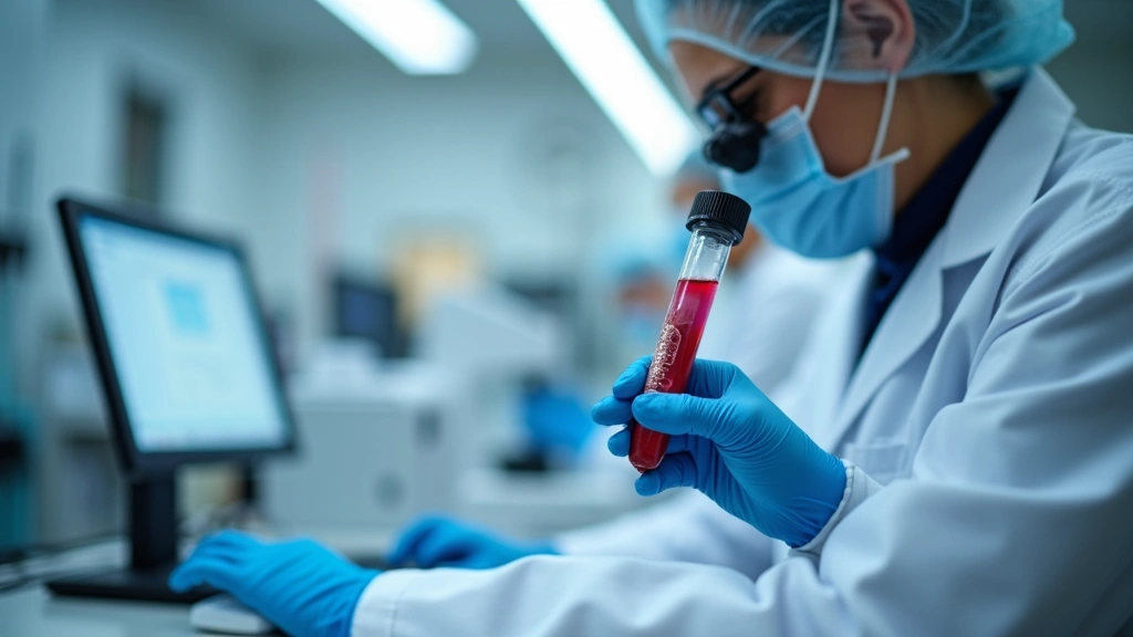 Blood sample being analyzed in medical laboratory with technician, modern diagnostic equipment, professional healthcare envir