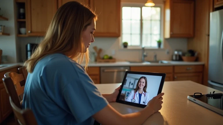 Rural patient receiving telehealth consultation on tablet in home kitchen, healthcare provider visible on screen, professional medical setting lighting