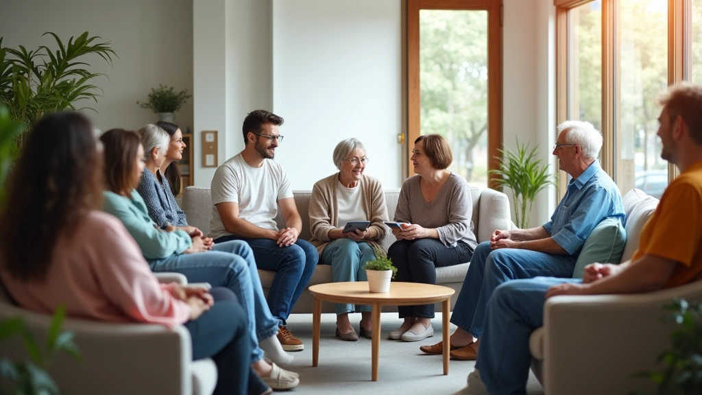 Diverse group of patients in modern community health center waiting room, comfortable seating, welcoming healthcare environme