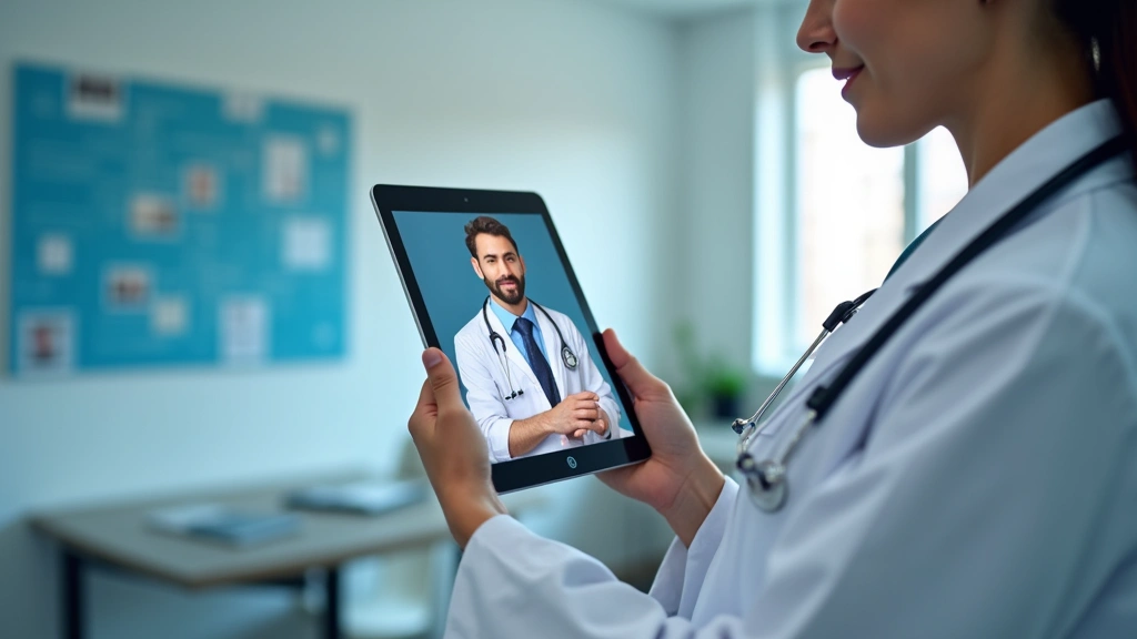 Professional doctor in white coat conducting video consultation on tablet with patient visible on screen, modern clinical off
