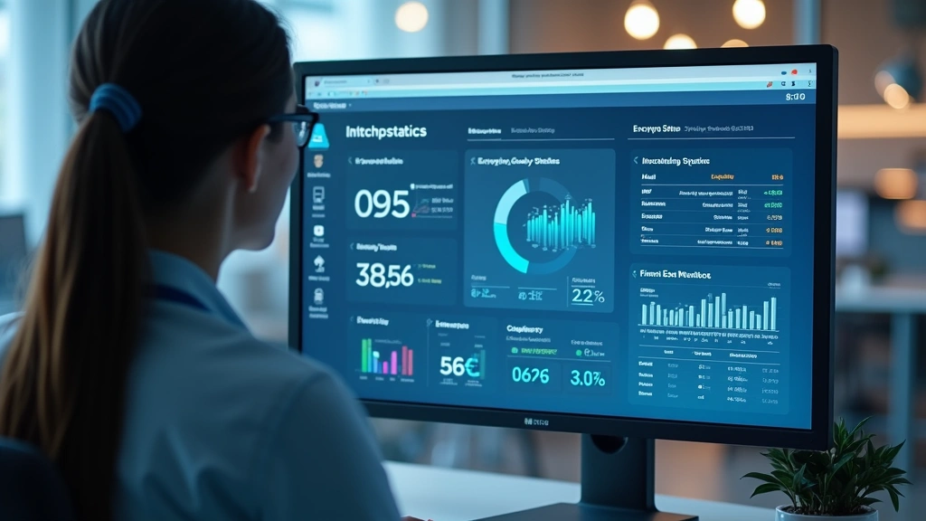 Healthcare administrator reviewing digital security dashboard on computer monitor showing encryption status, audit logs, and
