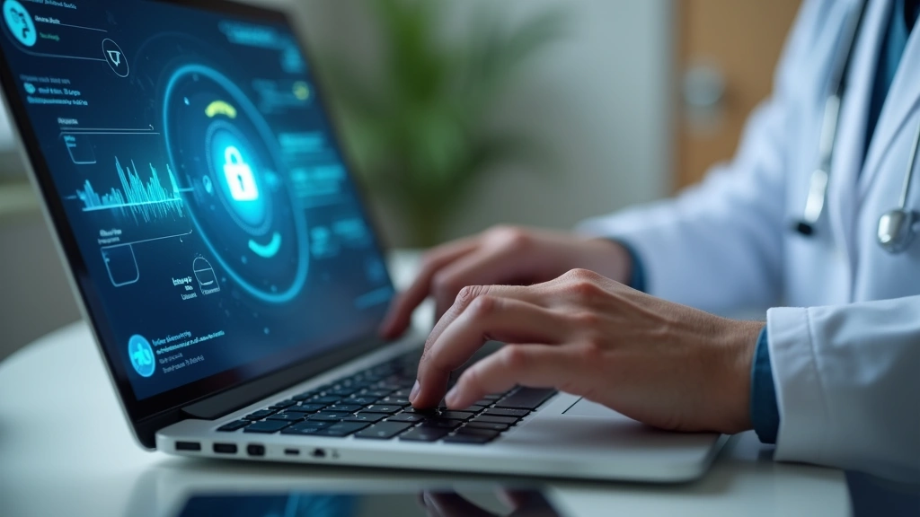 Close-up of healthcare provider hands typing on laptop during telemedicine session with HIPAA compliance indicators and secur
