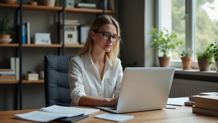 Professional woman studying law on laptop at home office desk with law books, natural lighting, focused expression, modern workspace setup