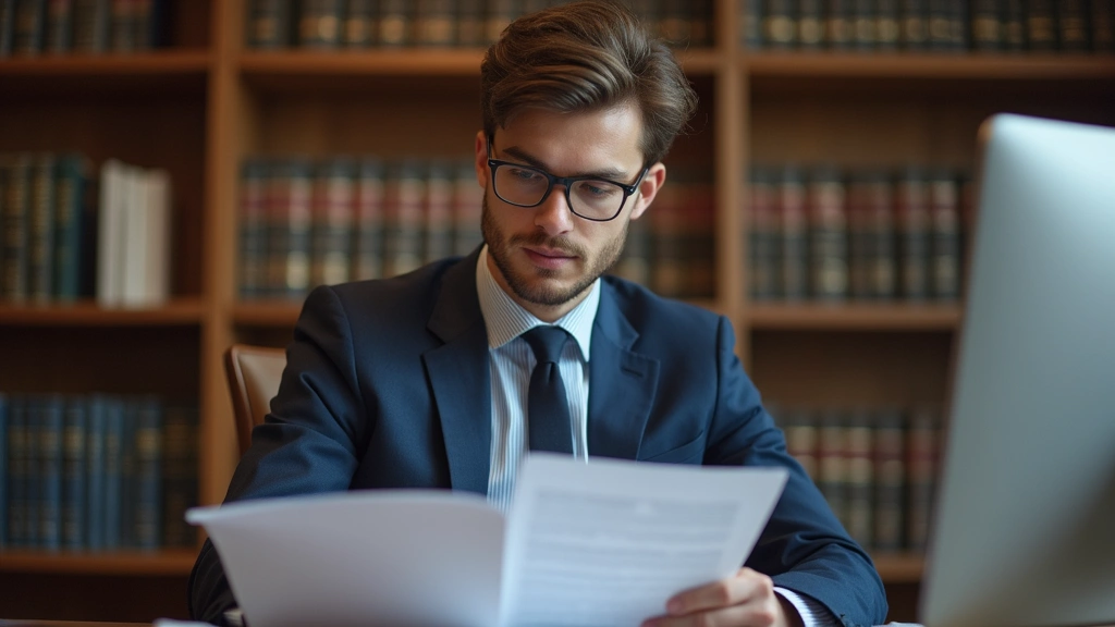 Young male law student in professional attire reviewing documents at desk with computer, law library background, concentratio