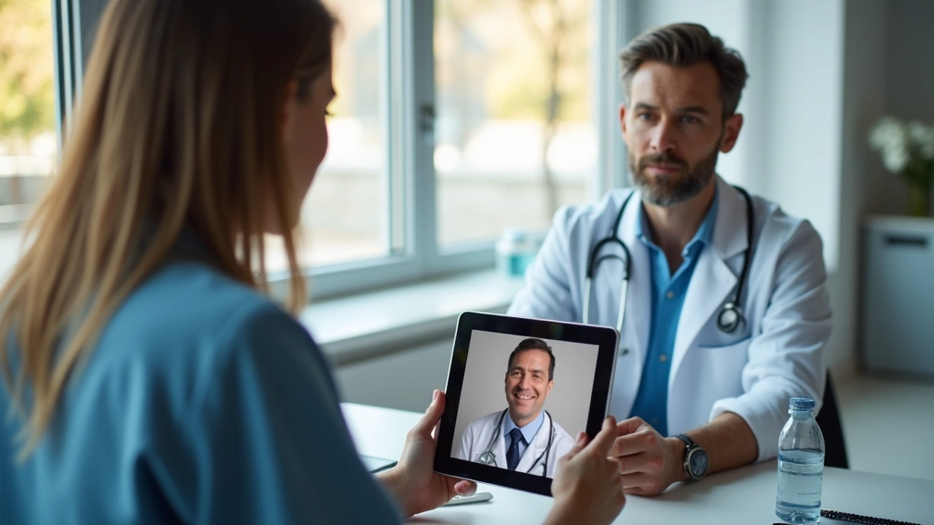 Professional patient using tablet for video consultation with doctor in modern bright medical office setting, warm lighting,
