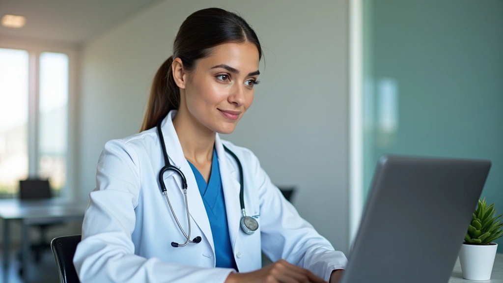 Healthcare provider in white coat consulting during telehealth video call on computer in clinical office environment, profess