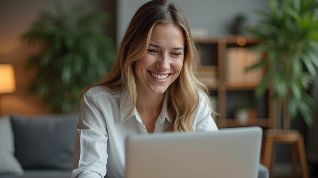Professional woman having secure video therapy session on laptop in comfortable home office with plants, warm lighting, calm expression