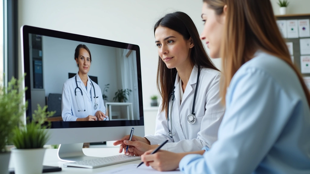 Licensed therapist taking notes during virtual consultation on computer, modern clinic setting, professional environment with