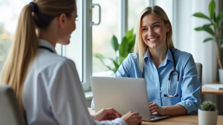 Professional woman in home office using laptop for telemedicine video call with male doctor, modern bright room, natural lighting, confident patient