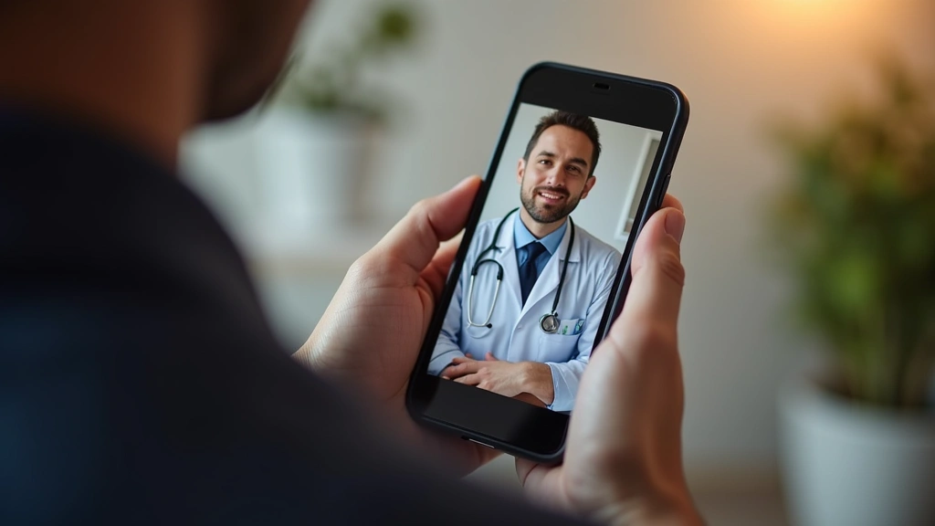 Close-up of smartphone screen showing telehealth video consultation interface with male healthcare provider, patient hand hol
