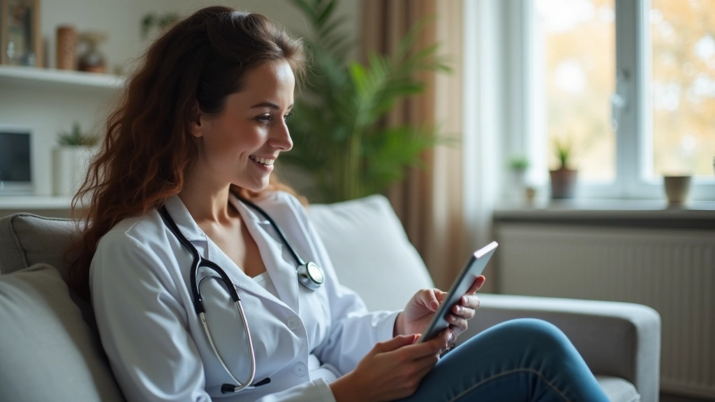 Female patient in comfortable home setting during virtual doctor visit on tablet, sitting on couch, relaxed expression, natur