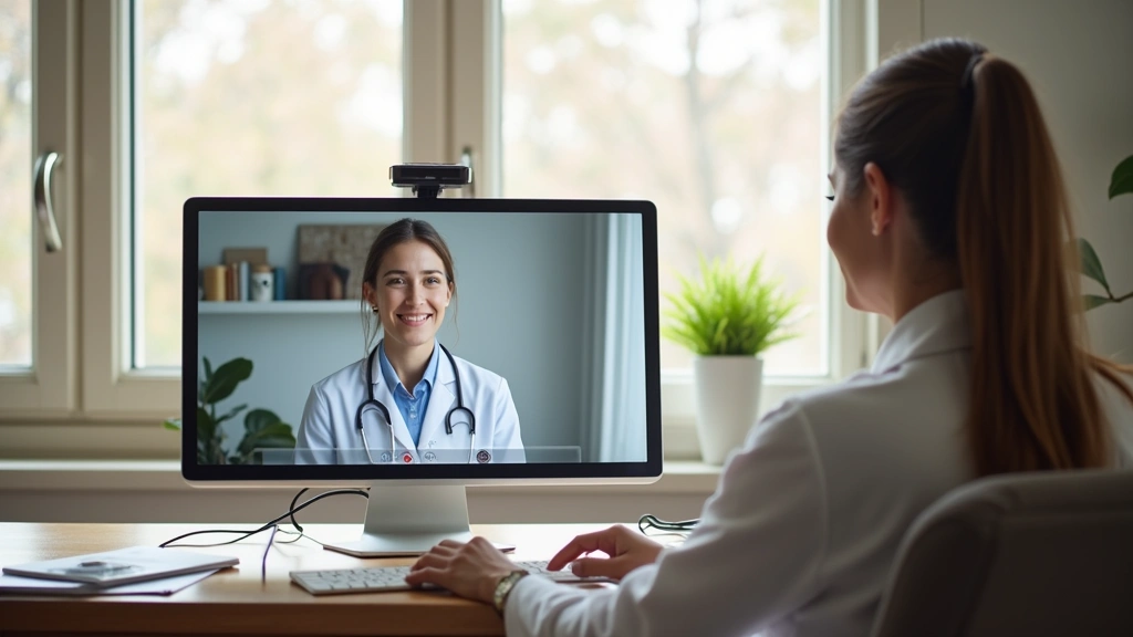 Patient sitting at home on video call with doctor on computer screen, bright natural lighting, modern living room setting, peaceful healthcare consultation