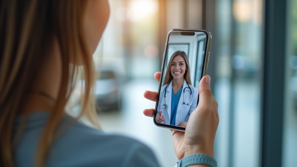 Woman holding smartphone showing telehealth appointment interface, professional medical office visible on screen, modern heal