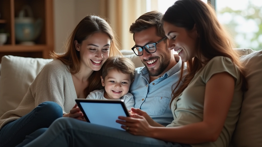 Diverse family in home setting accessing healthcare services on tablet device, comfortable couch, warm home environment, digi