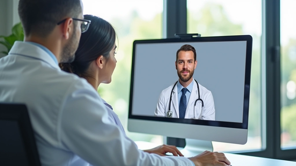 Doctor in white coat sitting at desk during virtual telehealth video consultation with patient on computer screen, professional medical office background, natural lighting