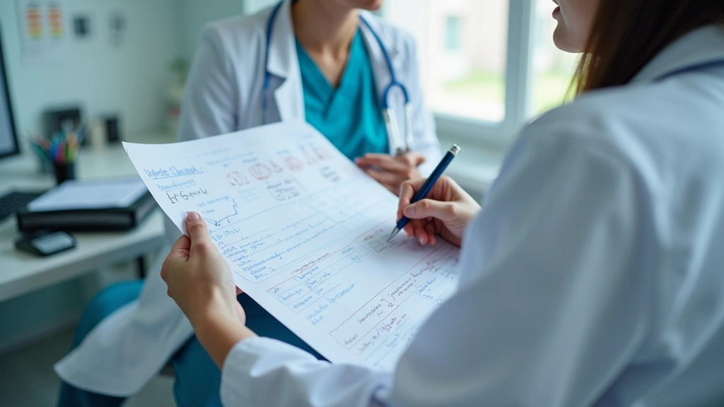 Licensed healthcare provider in clinical setting reviewing patient medical records and symptoms, taking detailed notes, profe