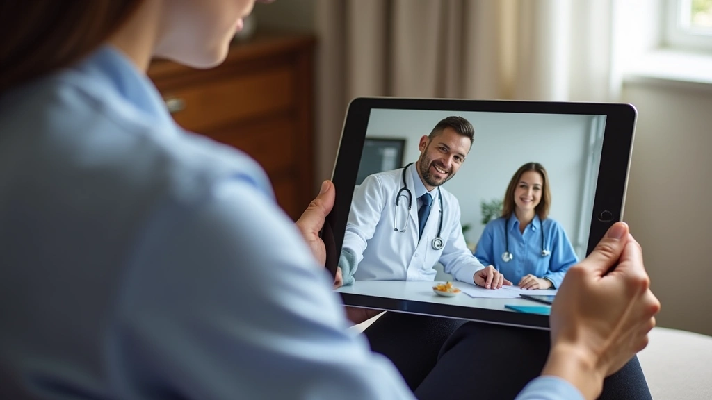 Patient having video consultation with doctor on tablet device at home, comfortable setting, licensed provider visible on scr