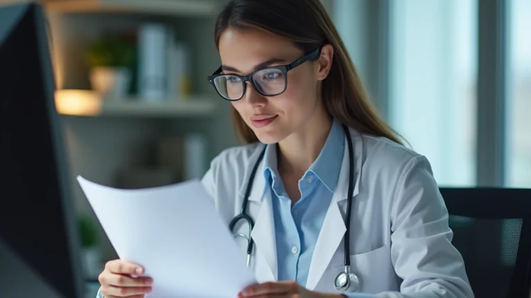 Professional healthcare worker reviewing medical insurance documents at desk with computer, soft office lighting, focused expression