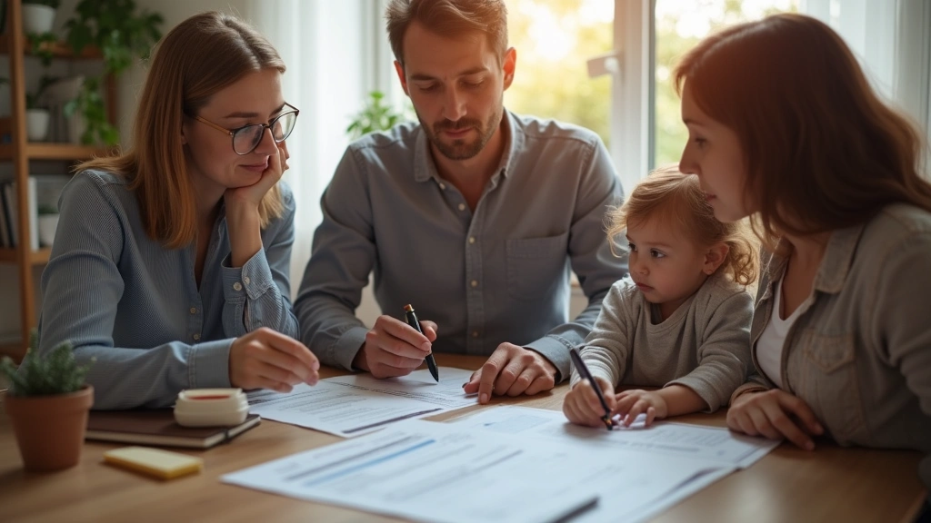 Diverse family reviewing health insurance plan documents together at home, warm lighting, reviewing papers on table