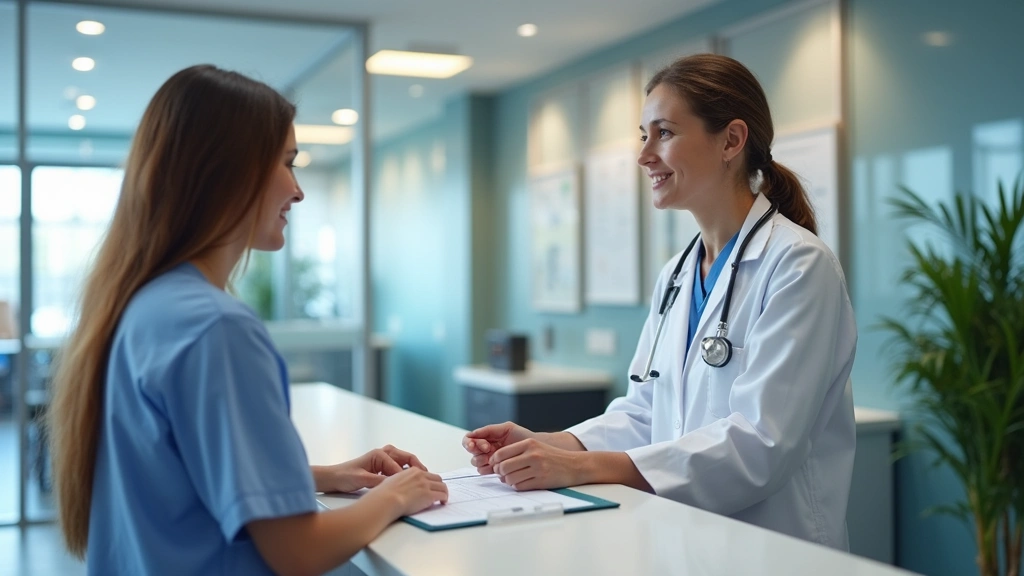 Patient checking in at modern medical clinic reception desk, healthcare professional explaining insurance coverage details