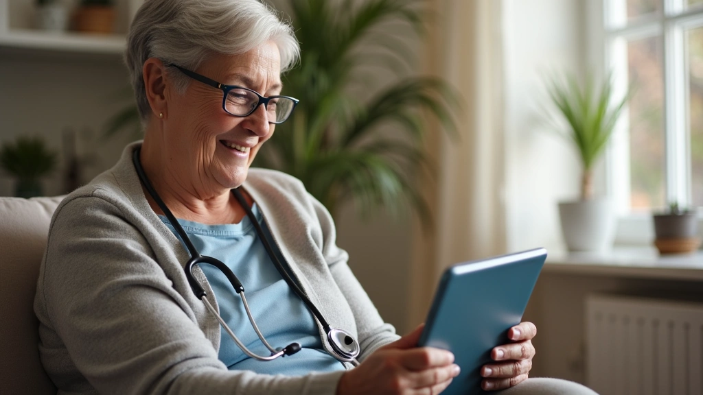 Senior woman smiling during video call with doctor on tablet in home setting, natural lighting, warm environment