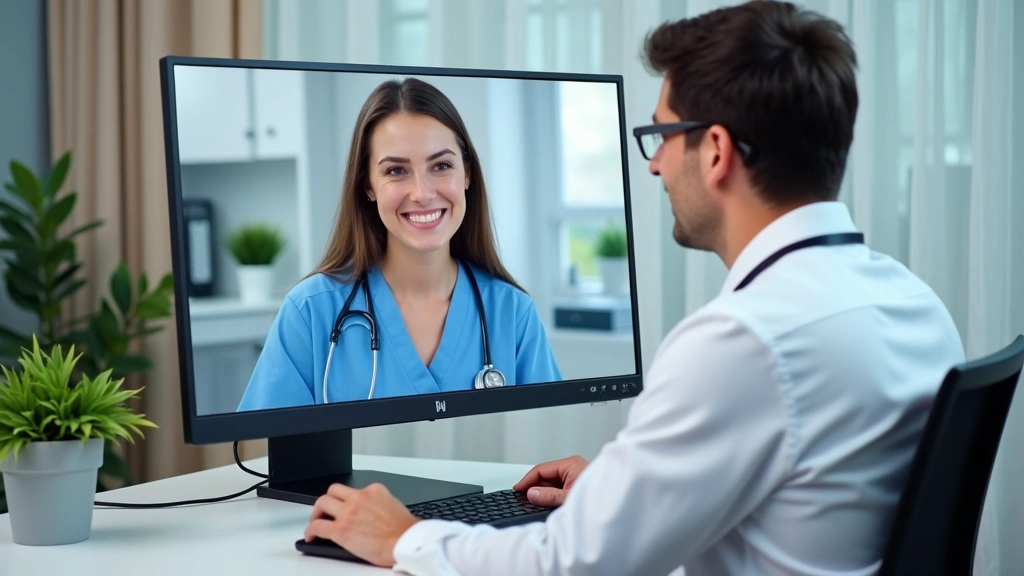 Healthcare provider in clinical setting conducting telehealth consultation on computer with patient visible on screen