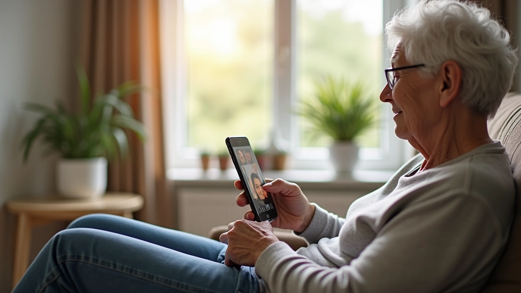 Elderly patient using smartphone for audio-only phone visit, sitting comfortably at home, peaceful background