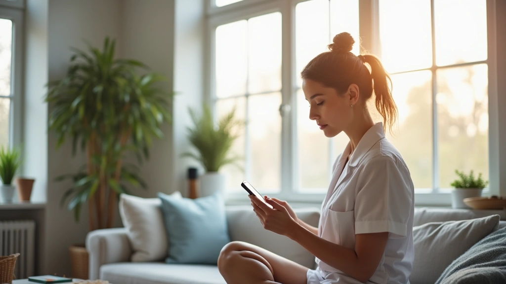 Woman using smartphone for meditation app in bright modern living room, peaceful expression, daylight streaming through window, professional healthcare setting