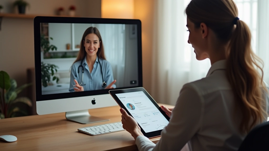 Licensed therapist on video call screen with patient holding tablet, warm office environment, empathetic interaction, digital