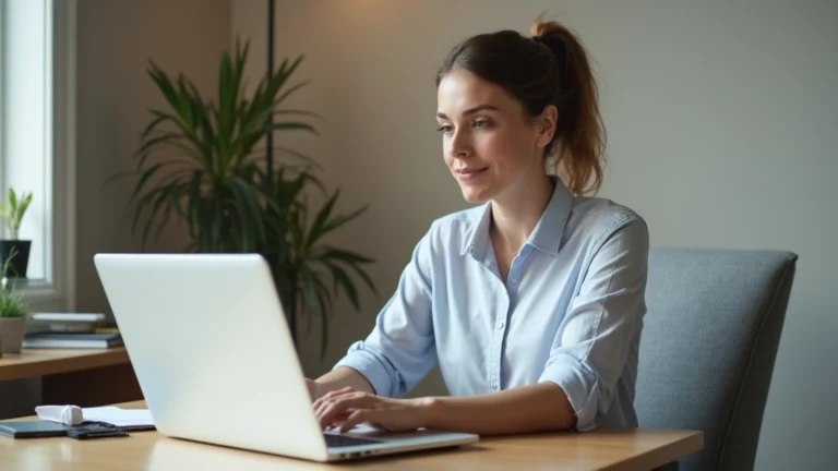 Professional woman in home office on video call with therapist, sitting comfortably at desk with laptop, calm neutral background, natural lighting, focused expression