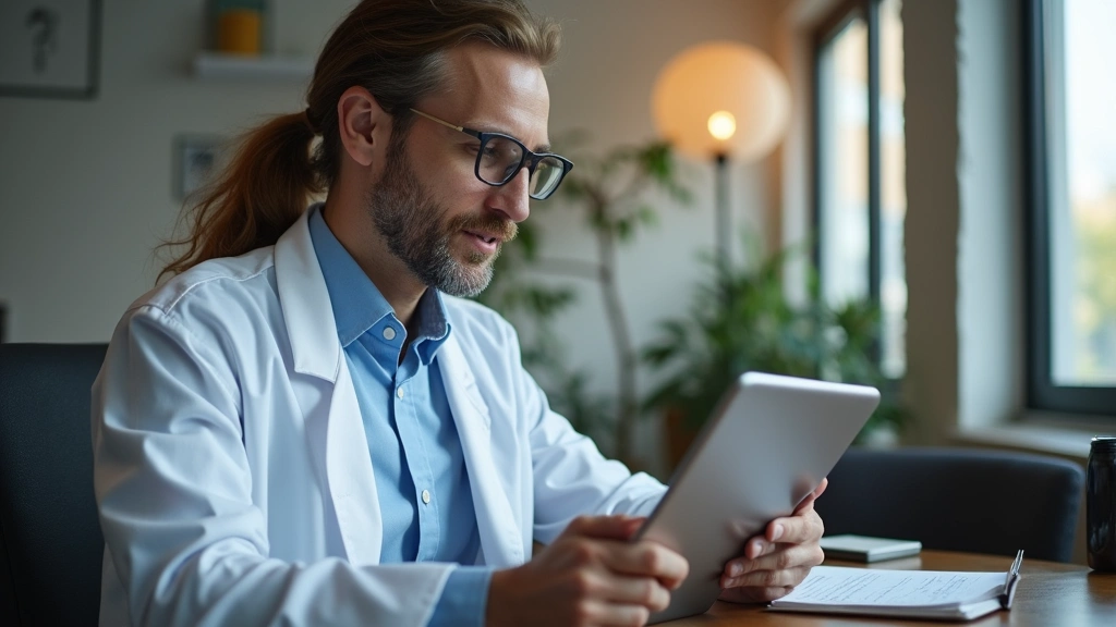 Licensed psychiatrist in modern clinic office reviewing patient notes on tablet during virtual consultation, professional med