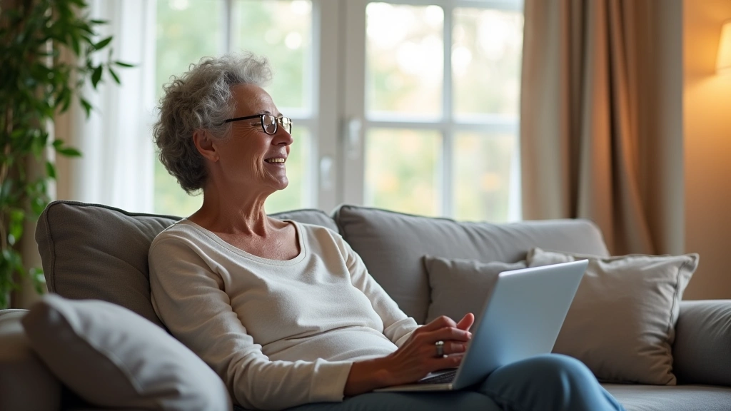 Patient in comfortable home setting during secure video therapy session, sitting on couch with peaceful expression, private r