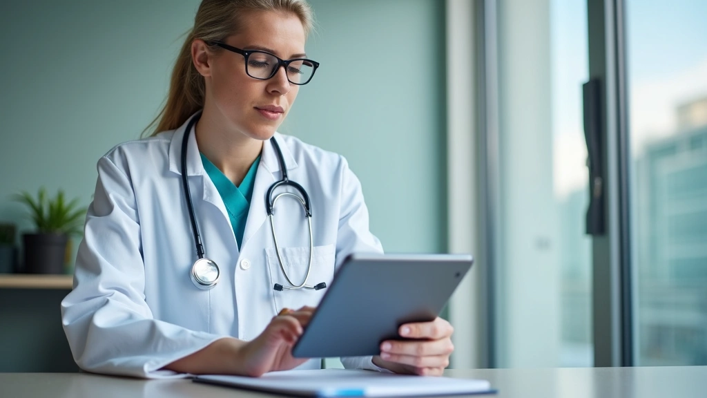 Doctor reviewing patient records on tablet device while sitting at desk in healthcare facility, representing asynchronous rem