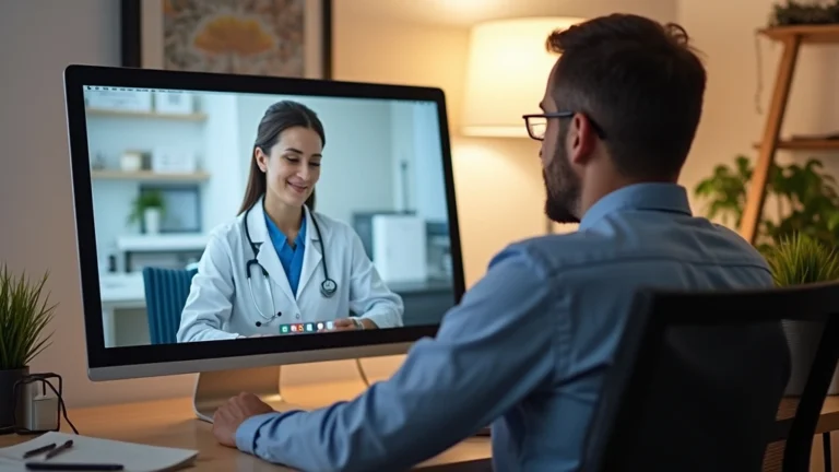 Patient sitting at home computer during video consultation with healthcare provider, natural lighting, professional medical office visible on screen