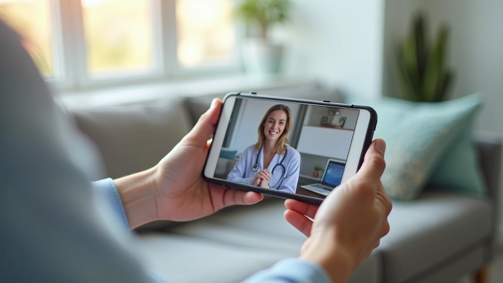 Person holding smartphone showing secure video call interface, comfortable home environment, calm professional healthcare set