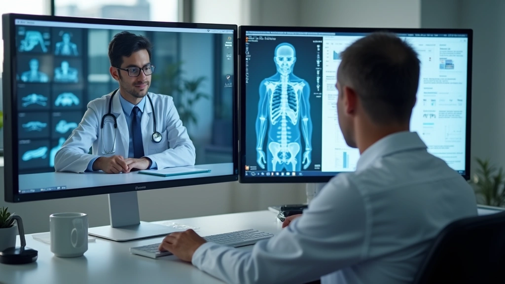 Doctor at desk reviewing patient information during virtual appointment, clinical setting with medical technology, focused pr
