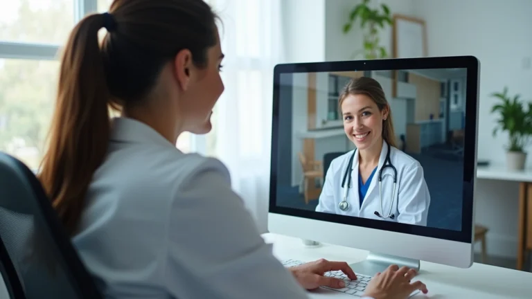 Healthcare provider conducting virtual video consultation with patient on secure telehealth platform, professional medical office setting with computer, no text visible