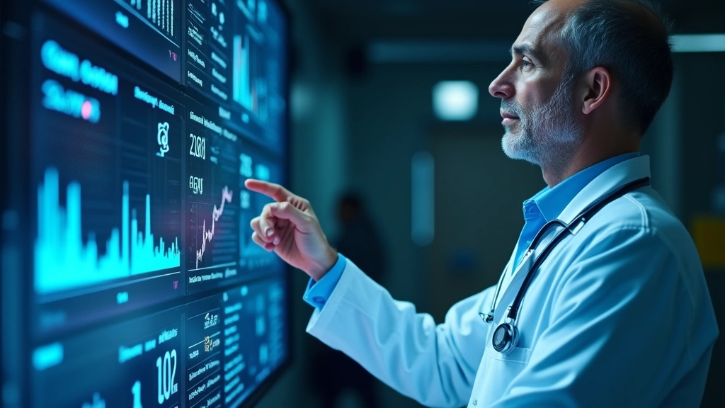 Medical professional reviewing patient data on digital dashboard showing remote monitoring metrics and vital signs, healthcar