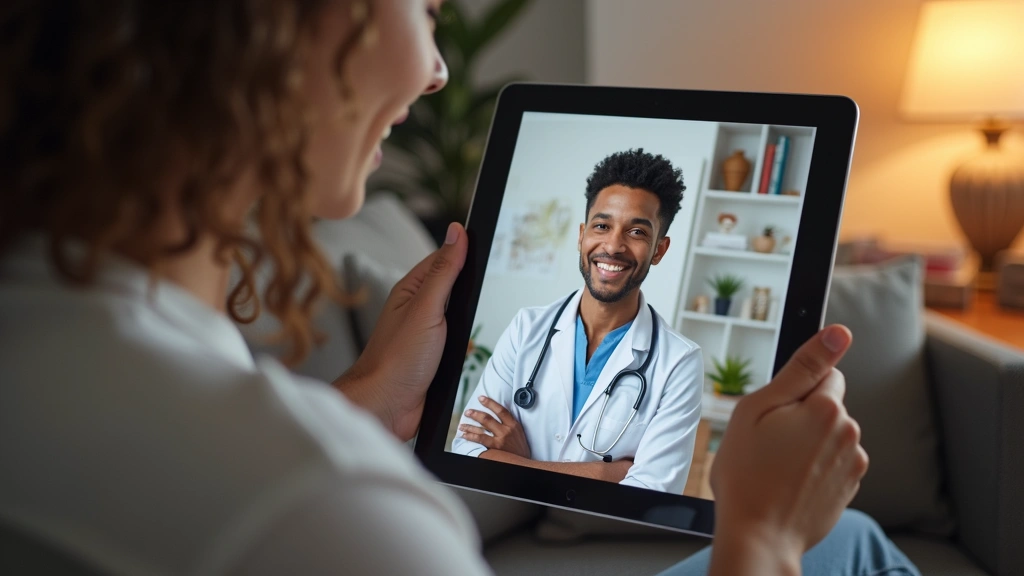 Diverse patient in home setting during telehealth appointment on tablet device with healthcare provider visible on screen, co
