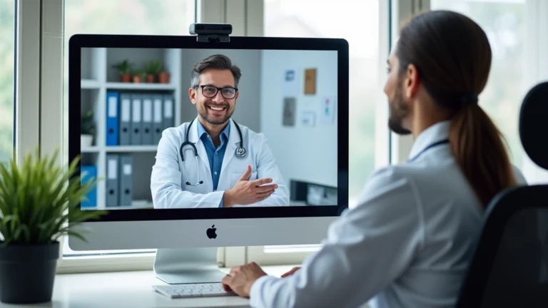 Healthcare professional in home office conducting virtual patient consultation via video conference, modern computer setup with medical software, professional medical environment