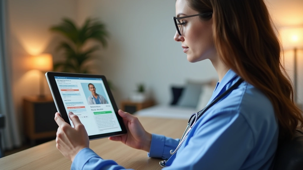 Nurse practitioner reviewing patient charts on tablet during telehealth appointment, warm professional lighting, home-based m