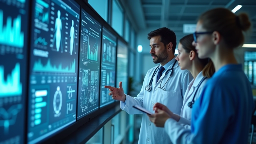 Multiple healthcare providers collaborating on digital health platform screens, showing EHR interface and patient monitoring 