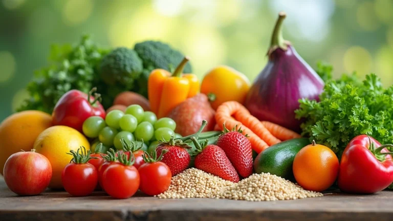 Colorful assortment of fresh vegetables, fruits, whole grains, and lean proteins arranged on a wooden table in natural daylight, representing balanced nutrition.