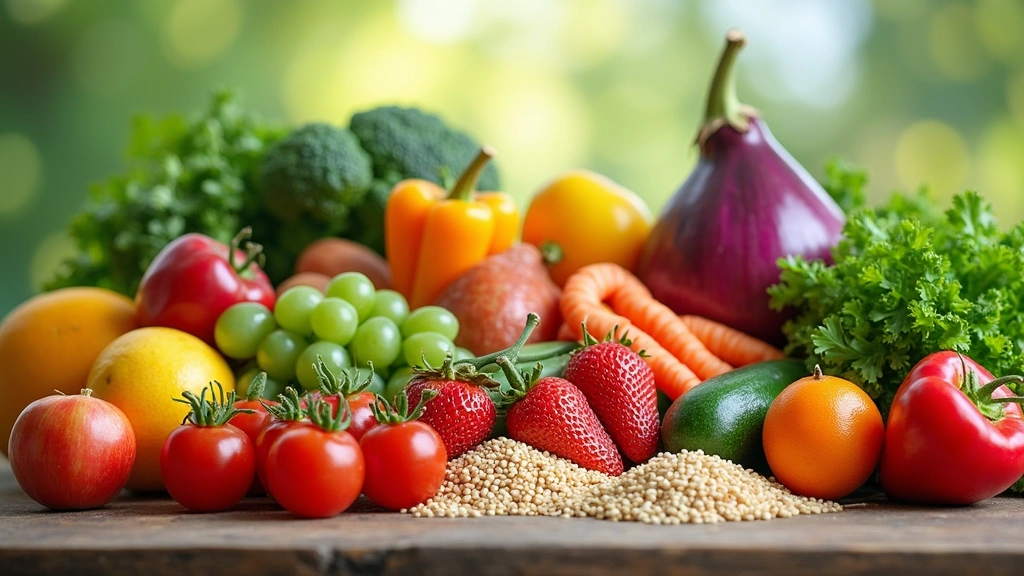 Colorful assortment of fresh vegetables, fruits, whole grains, and lean proteins arranged on a wooden table in natural daylight, representing balanced nutrition.