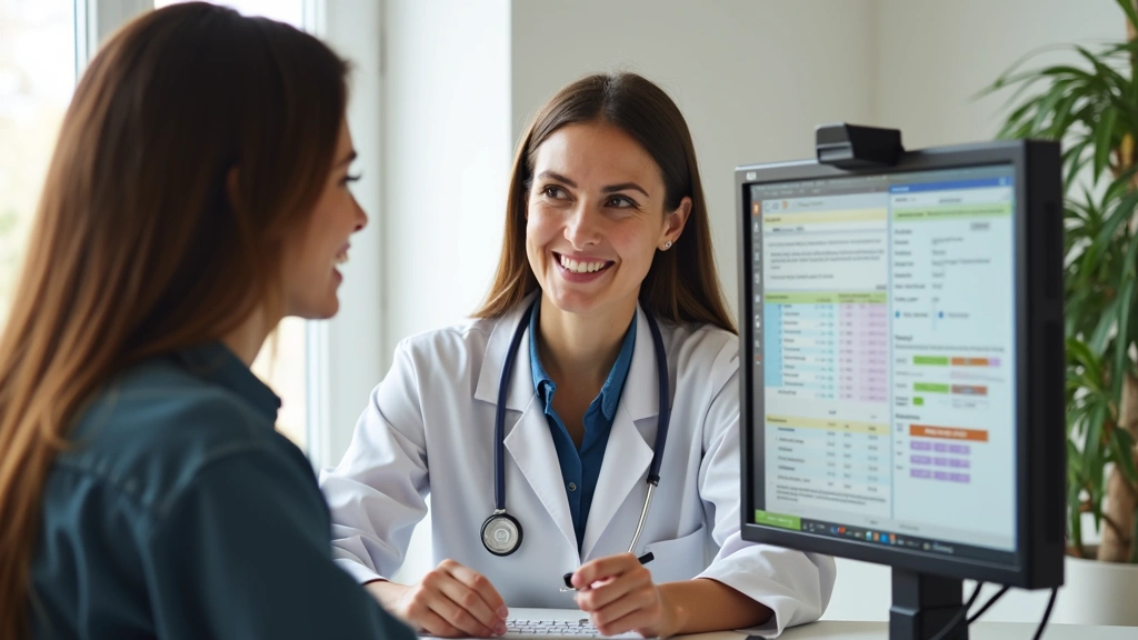 Professional registered dietitian consulting with patient over video call on computer, showing nutrition charts and meal plan