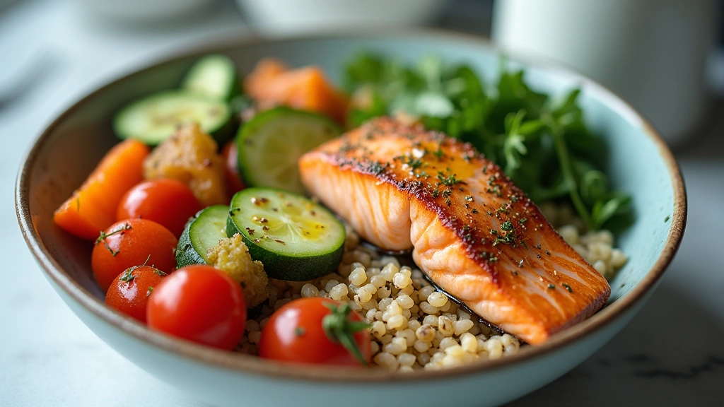 Close-up of healthy meal bowl containing quinoa, roasted vegetables, grilled salmon, and olive oil drizzle in bright clinical