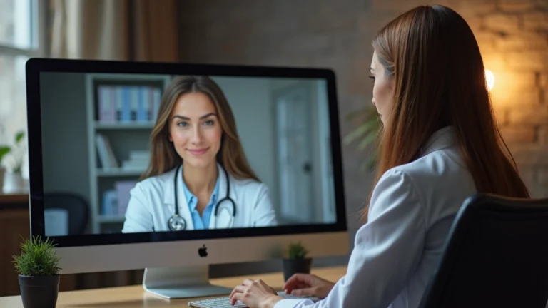 Professional female psychiatrist conducting video consultation with patient on computer screen in modern medical office, warm lighting, serious focused expression