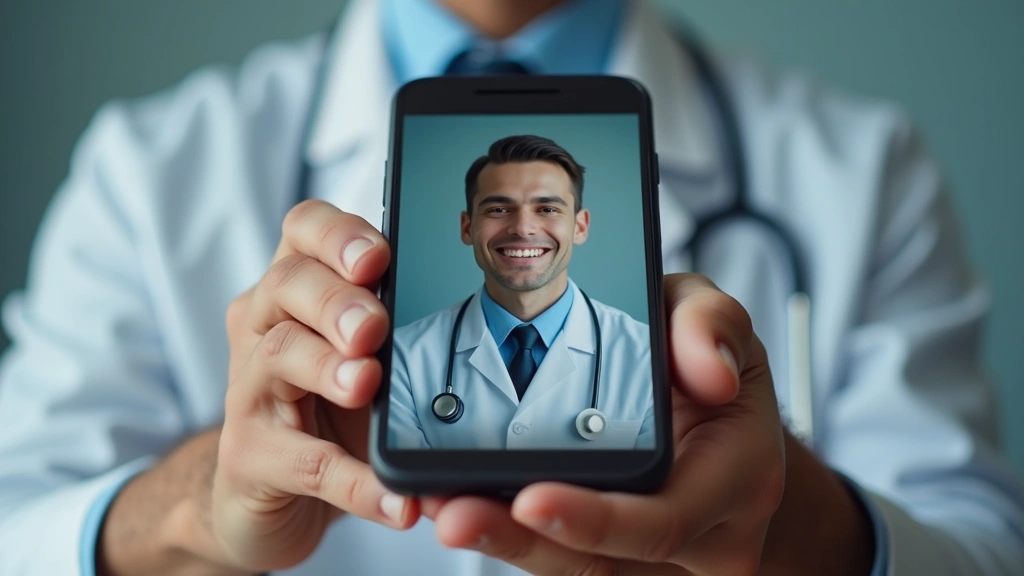 Close-up of hands holding smartphone showing telehealth video call interface with male doctor visible on screen, neutral back